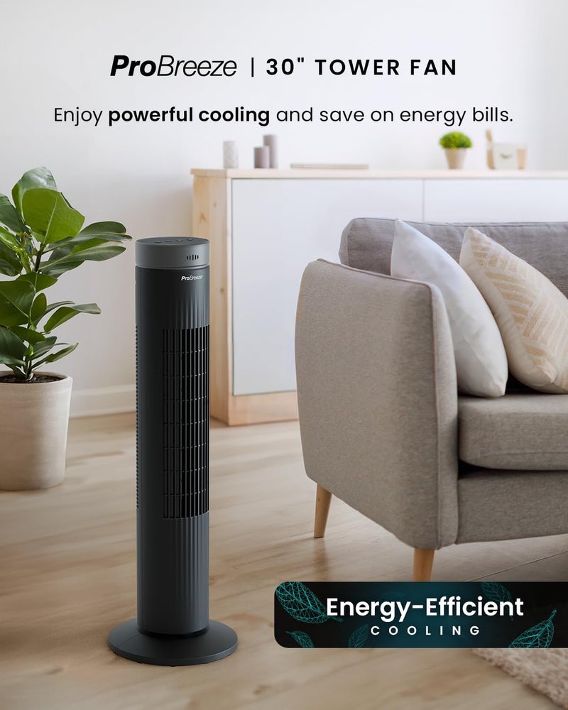 Pro Breeze 30" Tower Fan with 7-Hour Digital Timer, Remote Control, 3 Cooling Fan Modes & LED Light Indicator - Powerful & Energy-Efficient Electric Fan for Home and Office - Black - Image 2