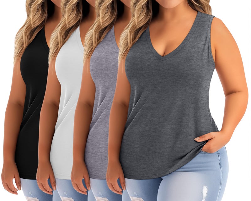 Ficerd 4 Pack Women's Plus Size Tank Tops, Casual V Neck Sleeveless Shirts Ladies Flowy Dressy Tunics Work Tees(4XL,Black, White, Light Mix Gray, Dark Mix Gray) - Image 1