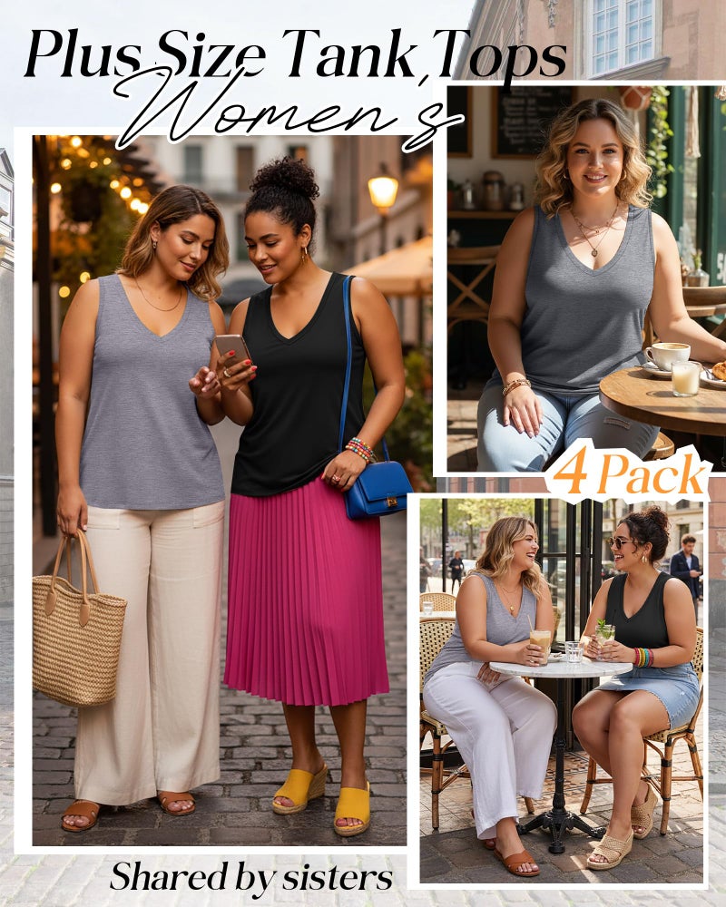Ficerd 4 Pack Women's Plus Size Tank Tops, Casual V Neck Sleeveless Shirts Ladies Flowy Dressy Tunics Work Tees(4XL,Black, White, Light Mix Gray, Dark Mix Gray) - Image 2