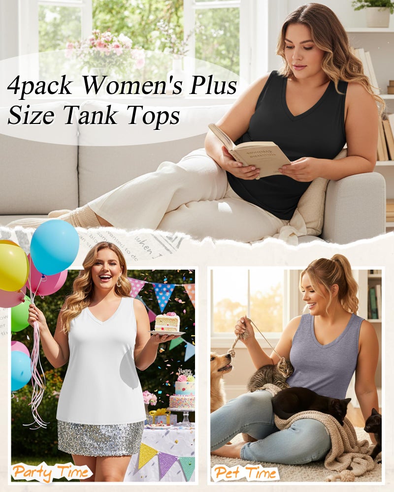 Ficerd 4 Pack Women's Plus Size Tank Tops, Casual V Neck Sleeveless Shirts Ladies Flowy Dressy Tunics Work Tees(4XL,Black, White, Light Mix Gray, Dark Mix Gray) - Image 4