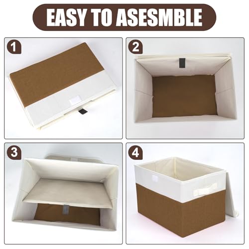 Bagnizer Large 22 Quart Linen Fabric Foldable Storage Bin Cube Organizer Basket with Flip-Top Lid & Handles, Clothes Blanket Box for Home, Office, Closet, Brown & White, 4 Pack 14.6 x 9.5 x 9.5 - Image 3