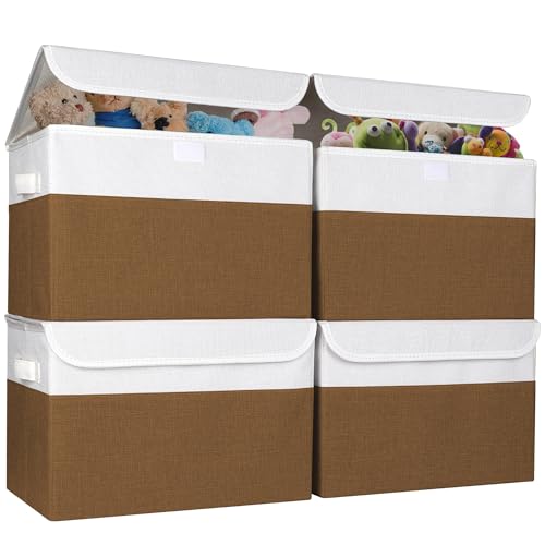 Bagnizer Large 22 Quart Linen Fabric Foldable Storage Bin Cube Organizer Basket with Flip-Top Lid & Handles, Clothes Blanket Box for Home, Office, Closet, Brown & White, 4 Pack 14.6 x 9.5 x 9.5 - Image 1
