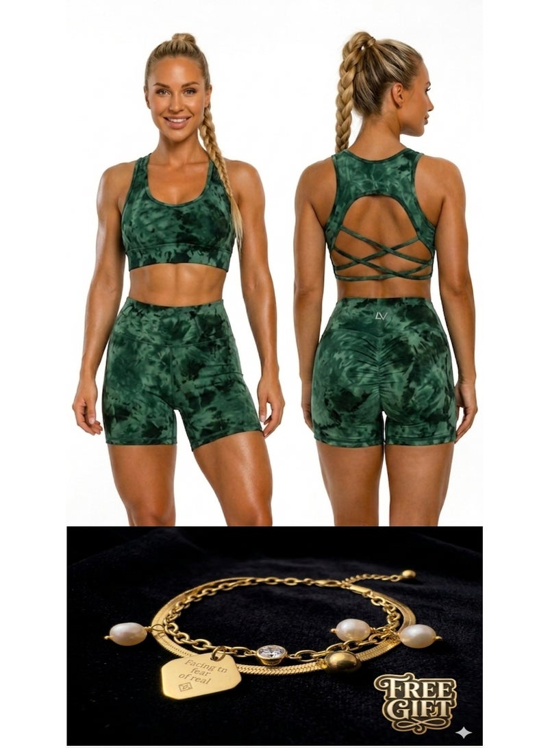 Free Gift Included Women's 2-Piece Tie-Dye Sports Bra and Shorts Set – High-Waist Scrunch - Image 1