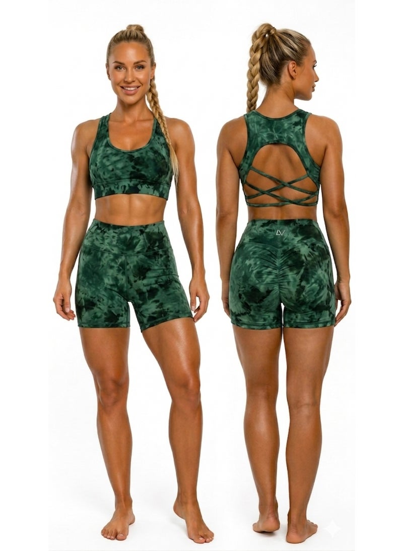 Free Gift Included Women's 2-Piece Tie-Dye Sports Bra and Shorts Set – High-Waist Scrunch - Image 2
