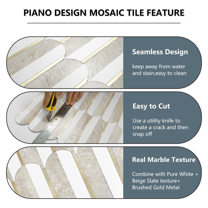 Vamos Tile Vamos Peel and Stick Backsplash Seamless Tile for Kitchen and Bathroom,White and Beige Slate PVC Mixed Light Gold Self Adhesive Fish Scale Metal Mosaic Tiles (10 Sheets) - Image 2