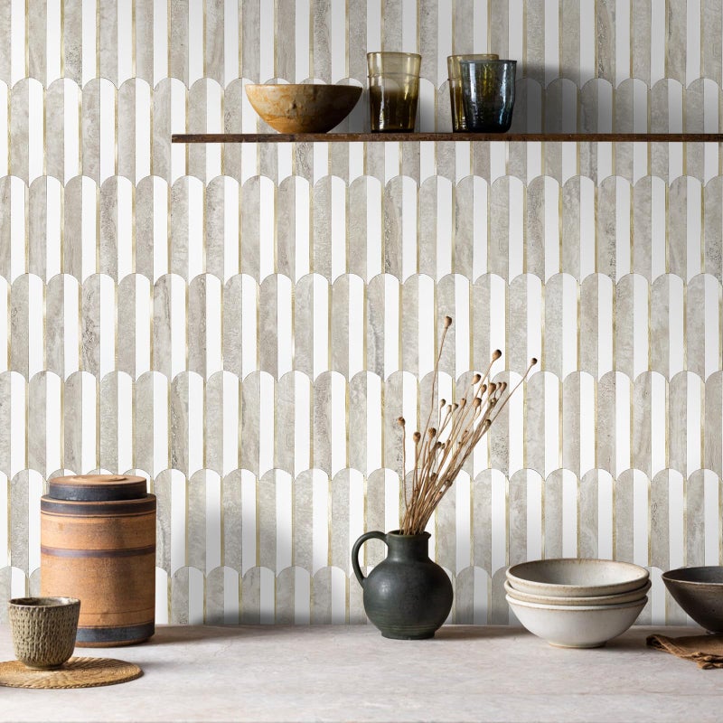 Vamos Tile Vamos Peel and Stick Backsplash Seamless Tile for Kitchen and Bathroom,White and Beige Slate PVC Mixed Light Gold Self Adhesive Fish Scale Metal Mosaic Tiles (10 Sheets) - Image 1