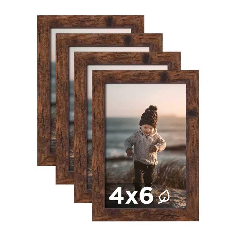 KINLINK 4x6 Picture Frame Rustic Brown Set of 4 Wooden Photo Frames with Plexiglass for 4x6 without Mat for Table and Wall Display