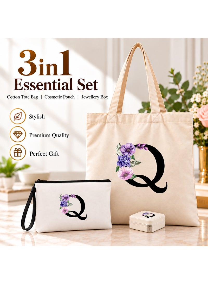 برينت شوب فور مي مجموعة هدايا (حرف مزين بالزهور): حقيبة تسوق (Tote Bag) + حقيبة صغيرة (Pouch) + علبة مجوهرات (3 في 1) - Image 2