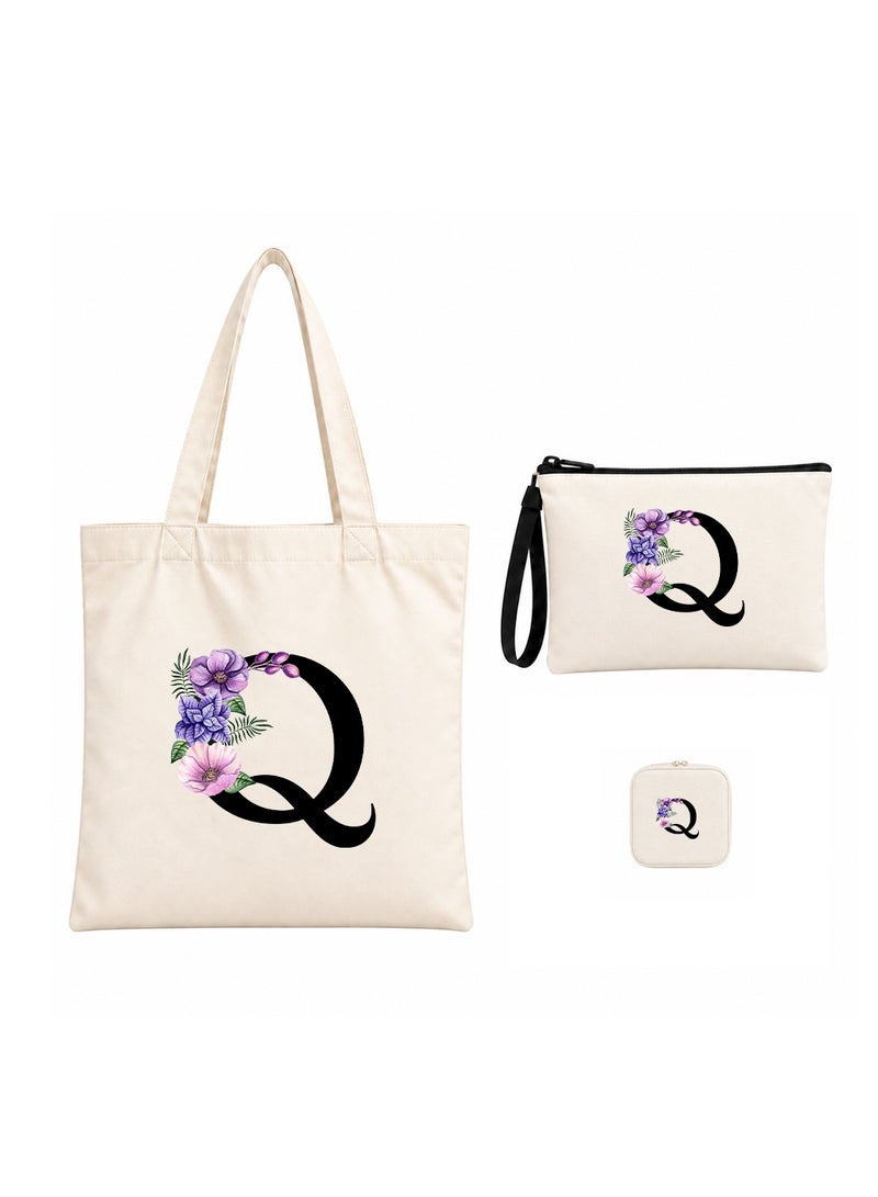 برينت شوب فور مي مجموعة هدايا (حرف مزين بالزهور): حقيبة تسوق (Tote Bag) + حقيبة صغيرة (Pouch) + علبة مجوهرات (3 في 1) - Image 1