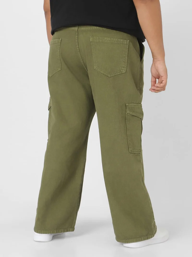 Urbano Fashion  Urbano Plus Men's Olive Green Loose Fit Cargo Jeans with 6 Pockets Non-Stretchable  | Best Price UAE