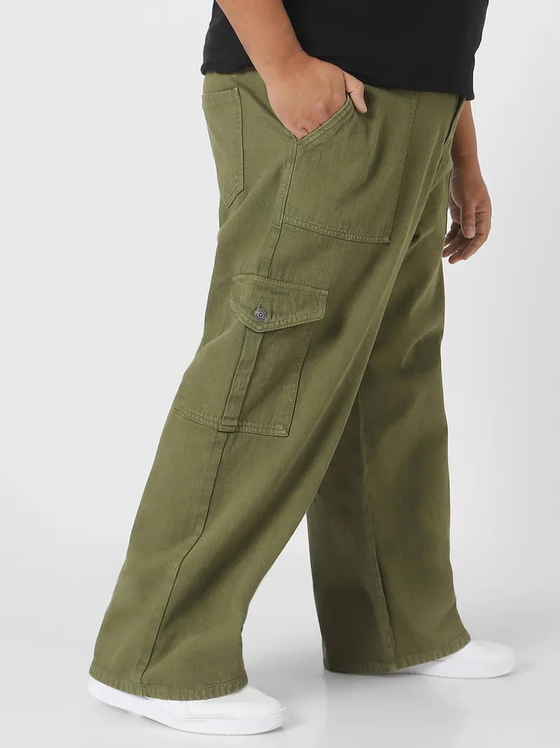 Urbano Fashion  Urbano Plus Men's Olive Green Loose Fit Cargo Jeans with 6 Pockets Non-Stretchable  | Best Price UAE