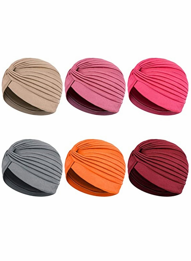 Luckam Turbans for Women, Stretch Slouchy Head Beanie Cover Pre-Tied Knot Twisted Pleated Headwrap Nightcap, Solid Color India Style Muslim Headgear Wraps Head Cap, Assorted Colors, 6 Pcs - Image 1