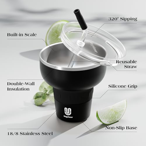 magcheer 16 oz Cocktail Tumbler with Lid and Straw - Stainless Steel Insulated Margarita Tumbler - 320° Sippable Stemless Wine Cup for Party | Black - Image 3