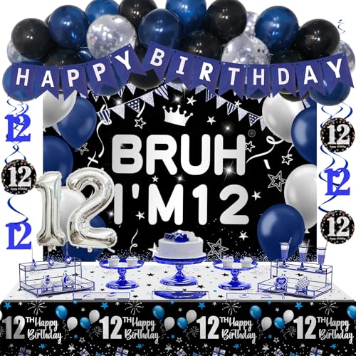 Nigifter 12th Birthday Decorations for Boys Girls 54 PCS Blue Black Party Decorations 12 Year Old Boy Birthday Party Supplie with Banner Backdrop Hanging Swirls Tablecloth Bruh Im 12 Party Supplies - Image 1
