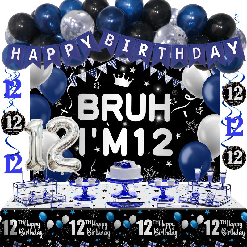 Nigifter 12th Birthday Decorations for Boys Girls 54 PCS Blue Black Party Decorations 12 Year Old Boy Birthday Party Supplie with Banner Backdrop Hanging Swirls Tablecloth Bruh Im 12 Party Supplies - Image 3
