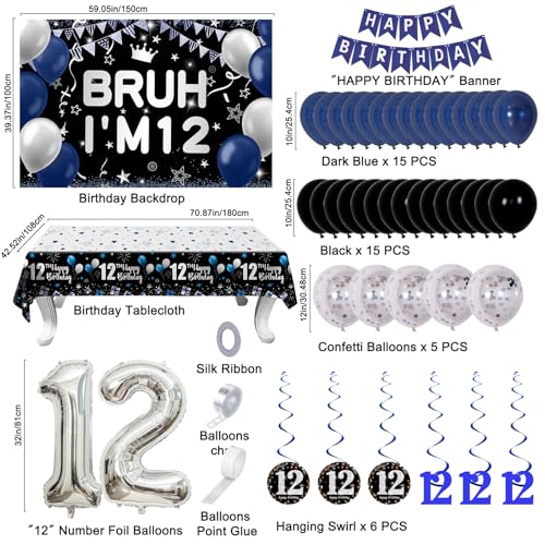 Nigifter 12th Birthday Decorations for Boys Girls 54 PCS Blue Black Party Decorations 12 Year Old Boy Birthday Party Supplie with Banner Backdrop Hanging Swirls Tablecloth Bruh Im 12 Party Supplies - Image 5