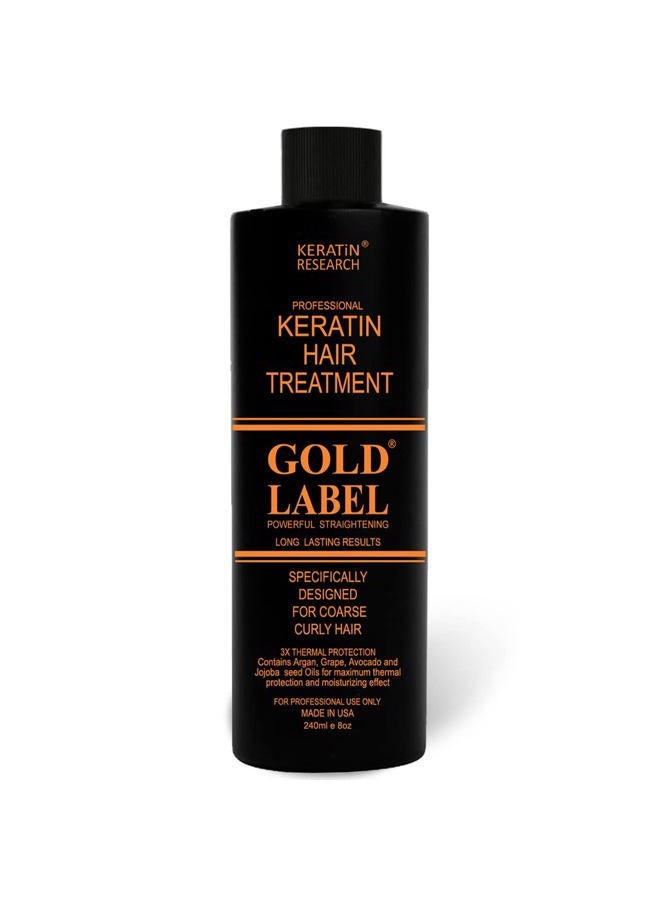 KERATIN RESEARCH Gold Label Brazilian Keratin Hair Treatment Straightening works on All Hair Types Incl Coarse Thick Dry Frizzy Curly Bleached Dominican Brazilian Indian Strong formula Hair 240ml  - Image 1