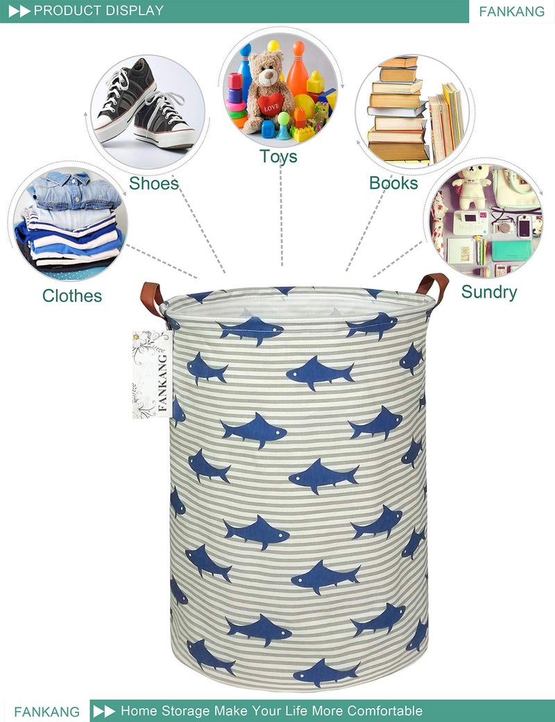 FANKANG Storage Basket, Nursery Hamper Canvas Laundry Basket Foldable with Waterproof PE Coating Large Storage Baskets for Kids Boys and Girls, Office, Bedroom, Clothes,Toysï¼ˆSharkï¼‰ - Image 3
