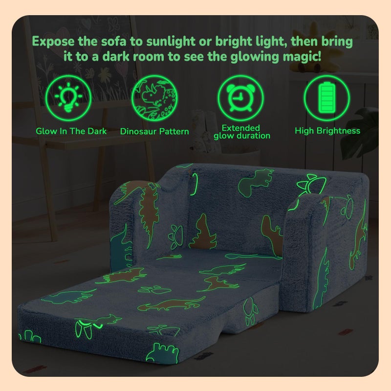 MeMoreCool Glowing Dinosaur Kids Chair, Glow-in-the-Dark Kids Couch for Boys Ages 1-3, 2-in-1 Convertible Fold-Out Sofa with Soft Foam and Washable Cover for Playroom and Reading - Image 4