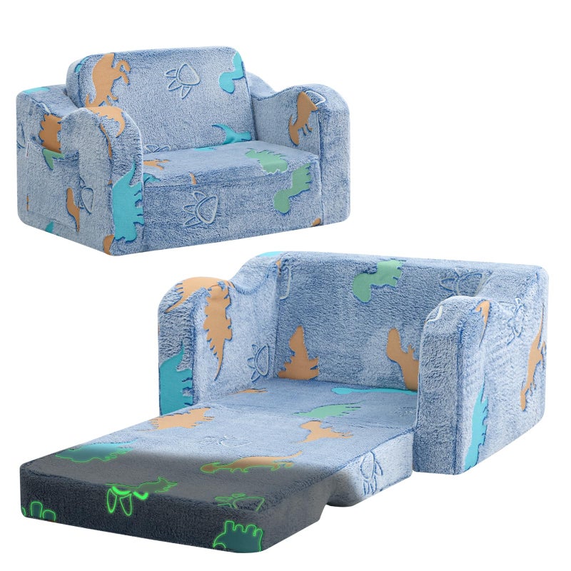 MeMoreCool Glowing Dinosaur Kids Chair, Glow-in-the-Dark Kids Couch for Boys Ages 1-3, 2-in-1 Convertible Fold-Out Sofa with Soft Foam and Washable Cover for Playroom and Reading - Image 1
