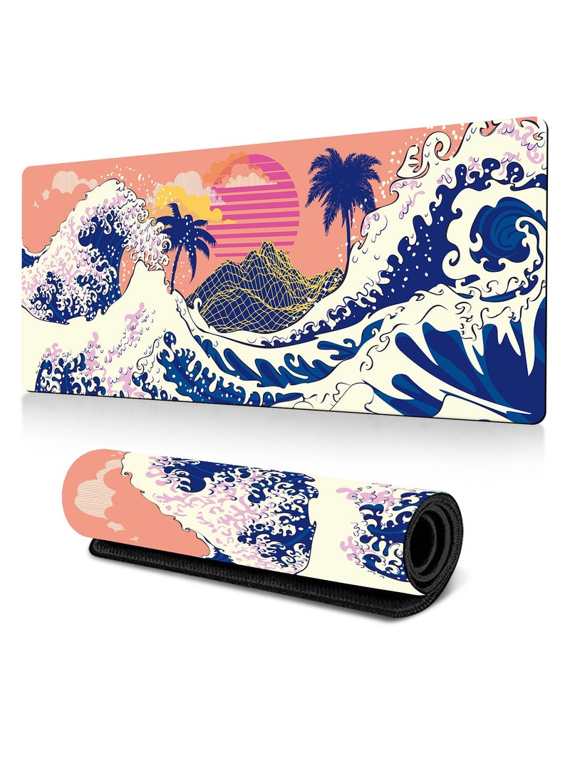 Generic Extended XL thickened Gaming Computer Mouse Pad, Large White Mouse Pad for Desk, Cute Anime Japanese Great Wave Desk Pad for Keyboard and Mouse, Multicolour, 31.5 x 11.8 x 0.12 inches  - Image 1