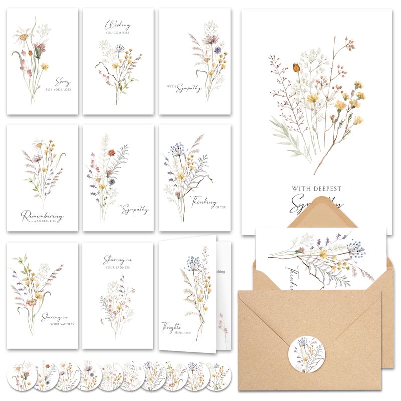 AUDREE 20 Pcs Sympathy Cards with Envelopes and Thoughtful Messages (4"x6") - Wildflowers Watercolor Condolences Cards - Bereavement Cards Set with Envelopes and Matching Stickers - Sympathy Cards Bulk - Image 1