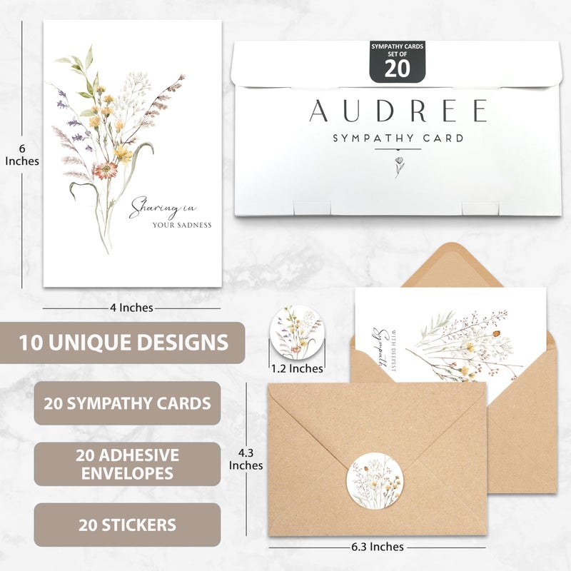 AUDREE 20 Pcs Sympathy Cards with Envelopes and Thoughtful Messages (4"x6") - Wildflowers Watercolor Condolences Cards - Bereavement Cards Set with Envelopes and Matching Stickers - Sympathy Cards Bulk - Image 2