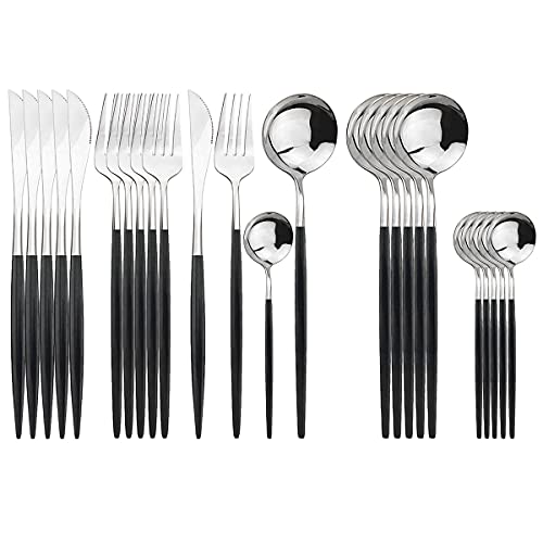 Uniturcky Silver Silverware Set 24Piece Stainless Steel Flatware Set Service For 6 Mirror Polished Black Handle Tableware Cutlery Set Knife Fork And Spoon For Home  Restaurant Dishwasher Safe - Image 1