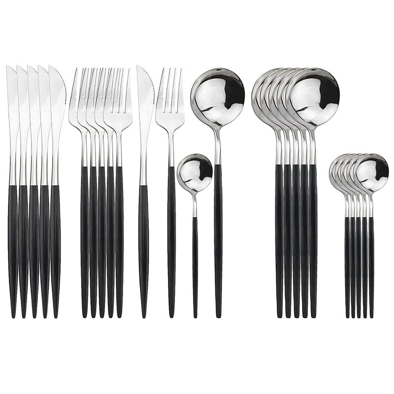 Uniturcky Silver Silverware Set 24Piece Stainless Steel Flatware Set Service For 6 Mirror Polished Black Handle Tableware Cutlery Set Knife Fork And Spoon For Home  Restaurant Dishwasher Safe - Image 3