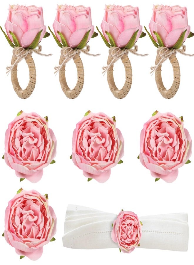 Anjetan 8 Pcs Pink Rose Napkin Rings, Floral Fabric Napkin Holders for Dining Table, Romantic Table Decorations for Valentine's Day, Wedding, Thanksgiving, Birthday Party - Image 1