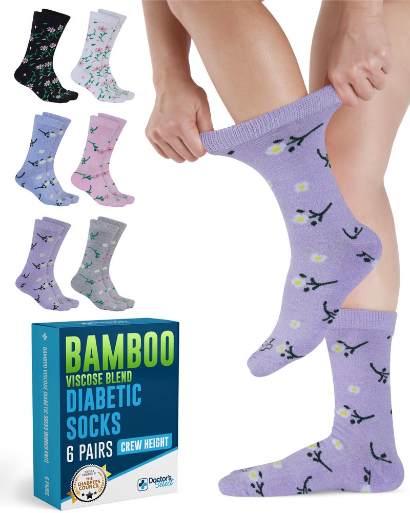 Doctor's Select Diabetic Socks for Women - 6 Pairs Knit Neuropathy Socks for Women, Moisture Wicking Bamboo Viscose SM -Flwrs - Image 1