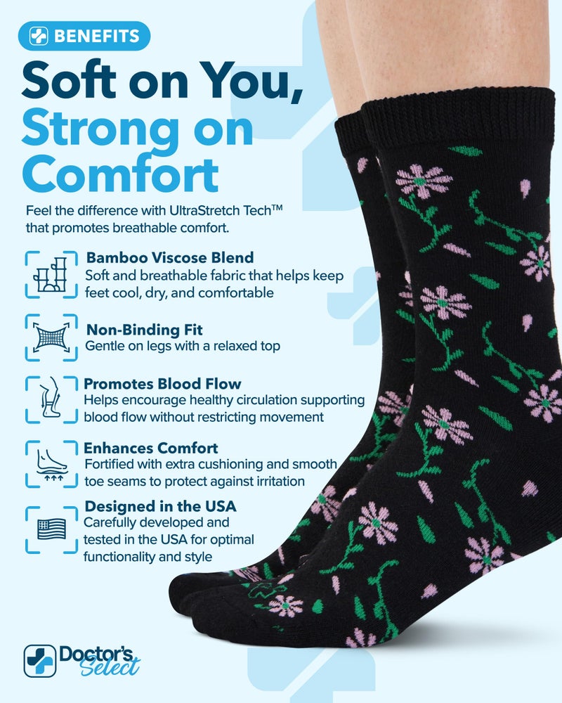 Doctor's Select Diabetic Socks for Women - 6 Pairs Knit Neuropathy Socks for Women, Moisture Wicking Bamboo Viscose SM -Flwrs - Image 2