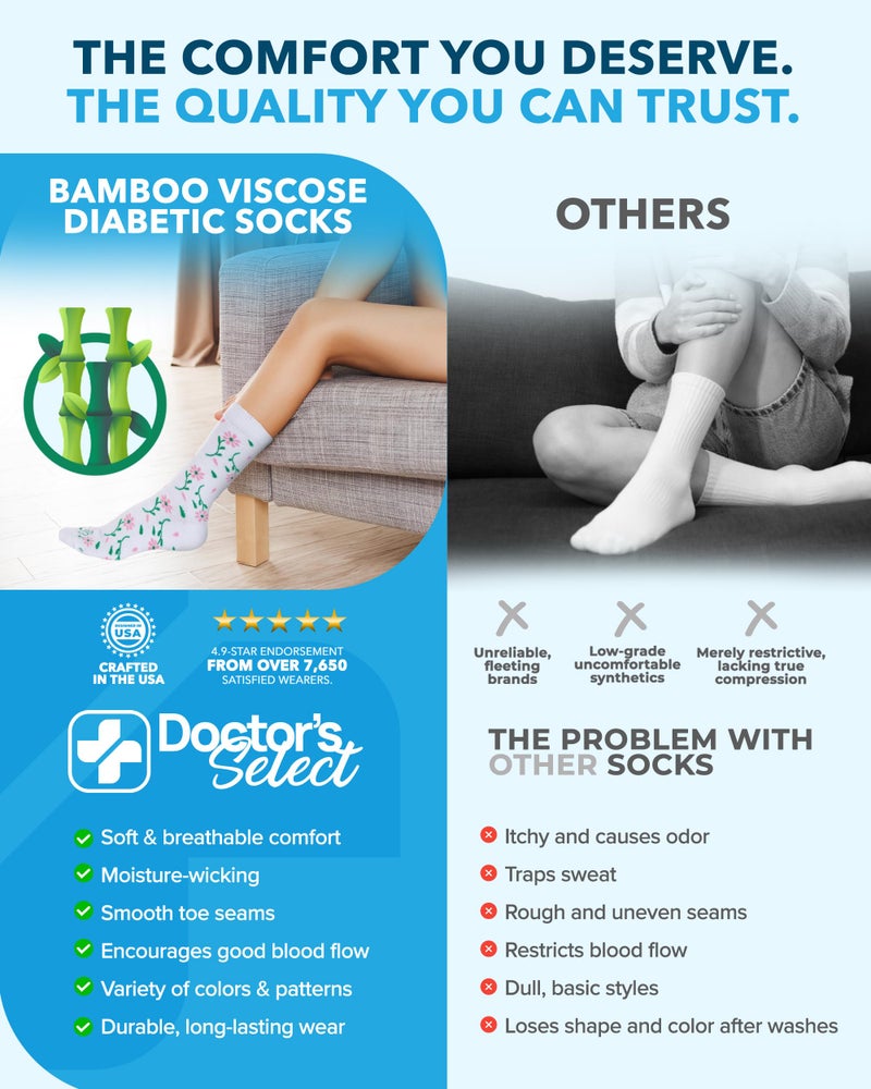 Doctor's Select Diabetic Socks for Women - 6 Pairs Knit Neuropathy Socks for Women, Moisture Wicking Bamboo Viscose SM -Flwrs - Image 3