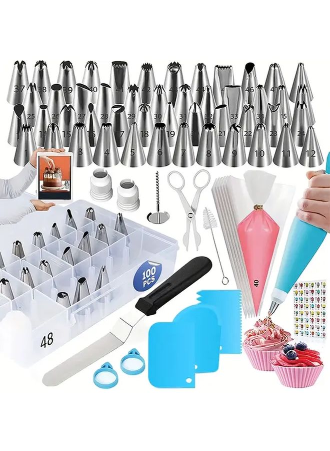 100 Pcs Cake Decorating Baking Tools With Piping Nozzles Spatula Storage Box - Image 1