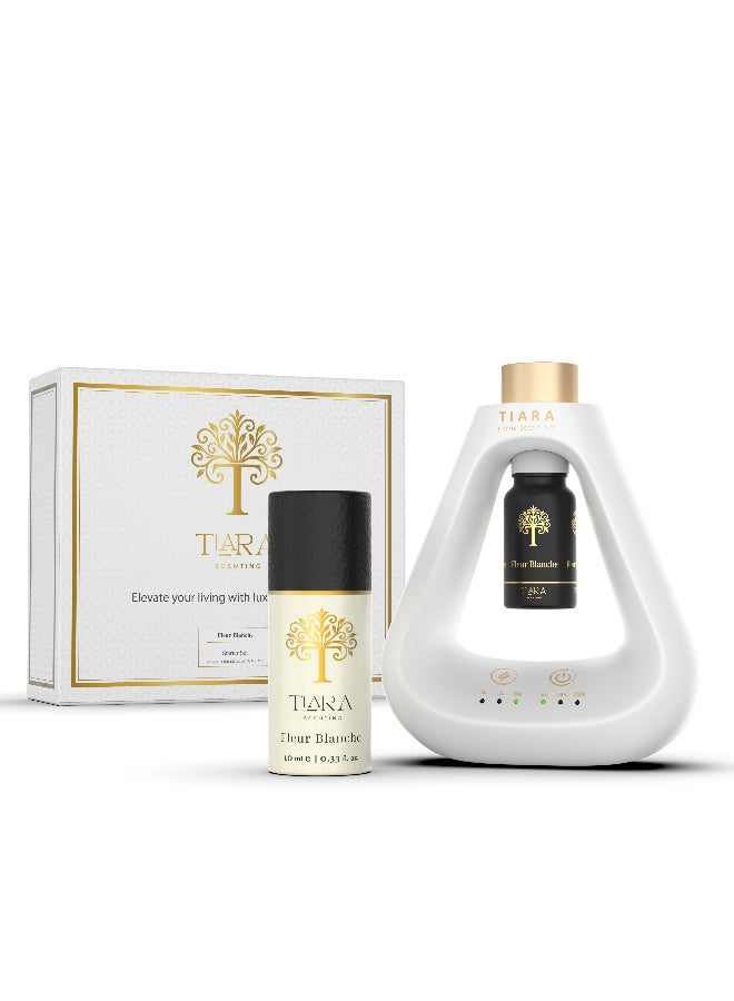 Tiara Scenting طقم البداية تيارا فلور بلانش، معطر أبيض فاخر مع كبسولة عطر فلور بلانش، معطر بدون سلك، بدون ماء، بدون حرارة، قابل لضبط الشدة، صديق للأطفال والحيوانات الأليفة، عطر منزلي فاخر - Image 1