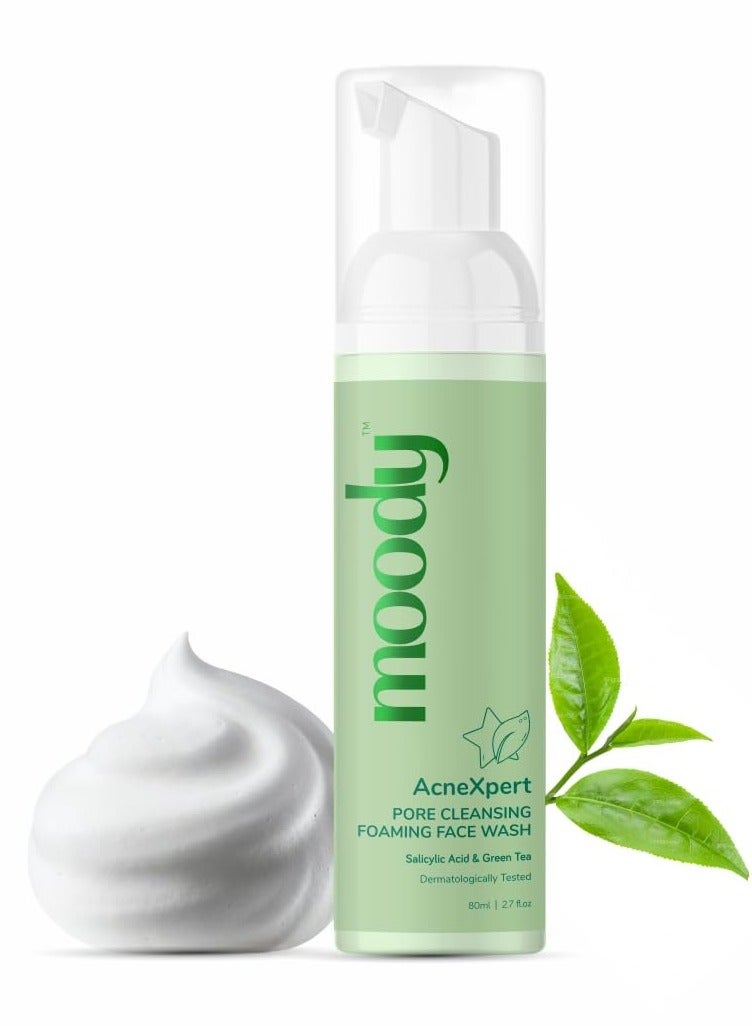 Moody Acnexpert Foaming Face Wash Cleanser for Oily, Acne Prone Skin with 2% Salicylic Acid & Green Tea | Alcohol & Sulphate Free Face Wash for Men & Women | Suitable for All Skin Type, 80ml - Image 1