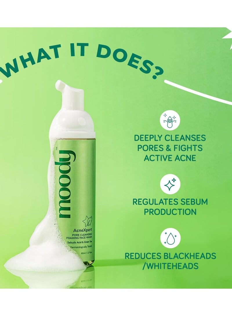 Moody Acnexpert Foaming Face Wash Cleanser for Oily, Acne Prone Skin with 2% Salicylic Acid & Green Tea | Alcohol & Sulphate Free Face Wash for Men & Women | Suitable for All Skin Type, 80ml - Image 2