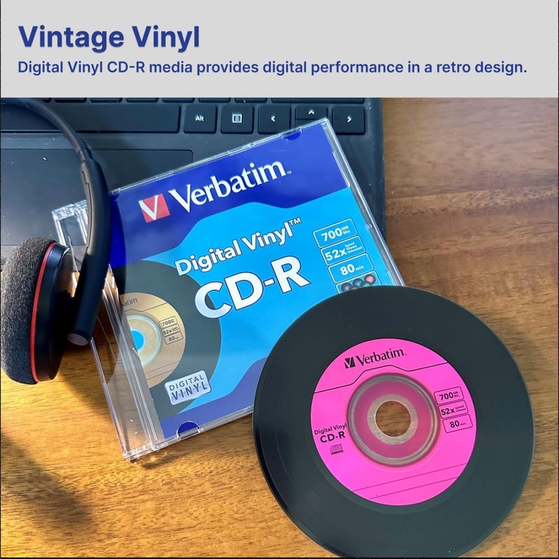 VERBATIM أقراص CD-R فارغة 700MB 80 دقيقة 52X قابلة للتسجيل للبيانات والموسيقى مع سطح فينيل رقمي - 10 حزمة علبة رفيعة زرقاء/خضراء/برتقالي/وردي/أرجواني - Image 2
