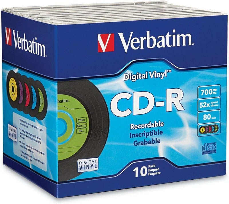 VERBATIM أقراص CD-R فارغة 700MB 80 دقيقة 52X قابلة للتسجيل للبيانات والموسيقى مع سطح فينيل رقمي - 10 حزمة علبة رفيعة زرقاء/خضراء/برتقالي/وردي/أرجواني - Image 1