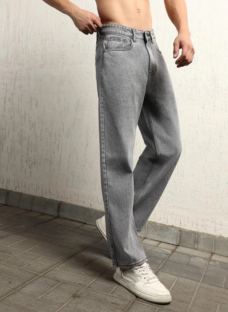Hubberholme Men's Grey 100% Cotton Bleached Full Length Loose Jeans