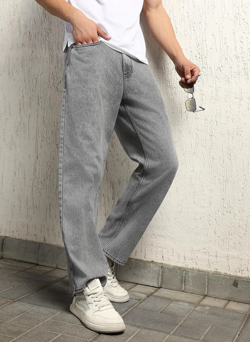 Hubberholme Men's Grey 100% Cotton Bleached Full Length Loose Jeans