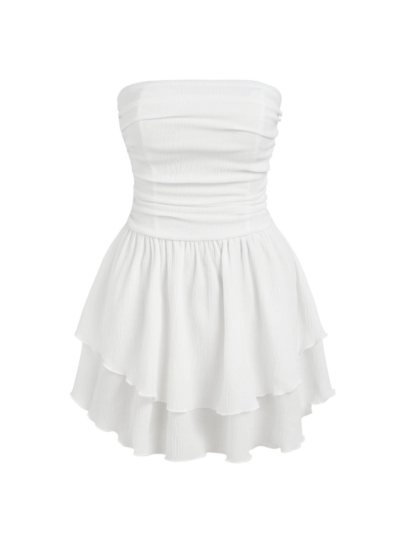 CIDER Women's Summer Cocktail Dress - Tube Ruched Ruffle Mini Dress: White, M - Image 1