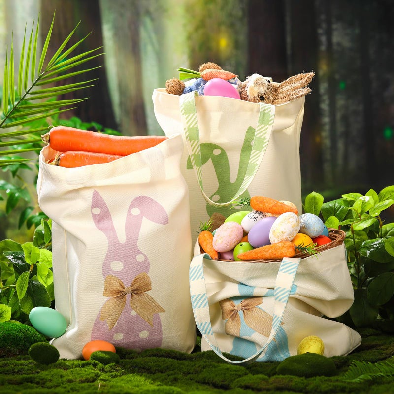 GliCraft 3 Pcs Easter Bunny Tote Bags Easter Bags with Handle Happy Rabbit Gift Reusable Canvas Candy Purse for Egg Party Supplies (Black and White,Bunny) - Image 3