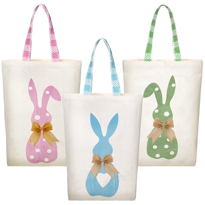 GliCraft 3 Pcs Easter Bunny Tote Bags Easter Bags with Handle Happy Rabbit Gift Reusable Canvas Candy Purse for Egg Party Supplies (Black and White,Bunny) - Image 1