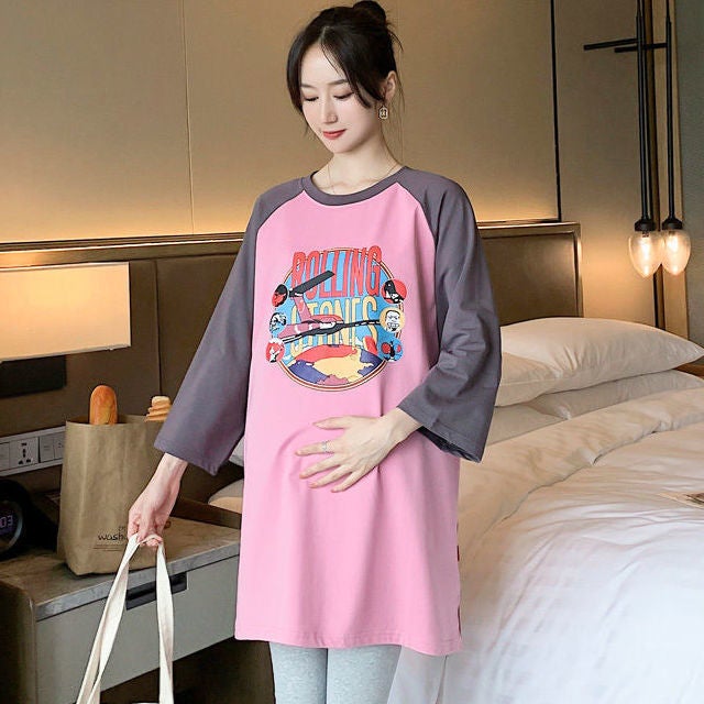 Pregnant Womens Spring and Autumn Top Korean Fashionable Moms Dress Set Pregnant Womens T-shirt Long Sleeve Loose Midi Spring Dress835 pink top 835 pink top