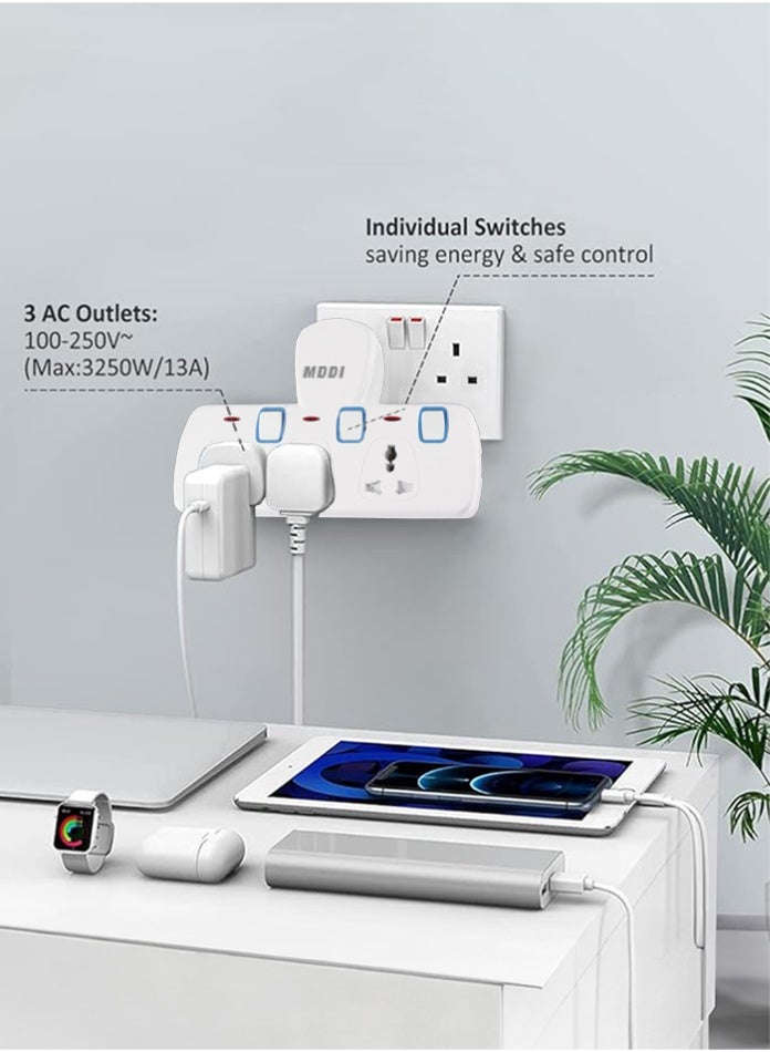 MODI 3 In1 Wall Plug Adapter Extension – 3 Outlet Sockets with Individual Switches Power Strip, Multi Plug Socket  with Surge Protection for Home, Office & Travel - Image 1