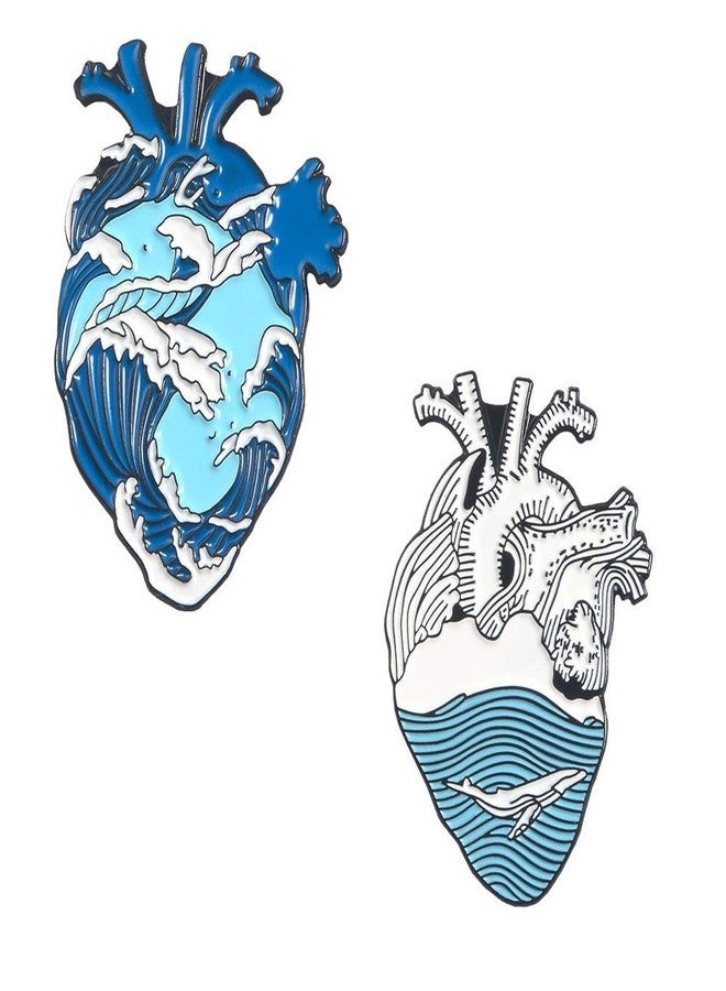 KOOBOOK 2Pcs Blue Romantic Ocean Wave Whale Brooch Human Heart Enamel Pin Lapel pins Heart Anatomy Badges - Image 1