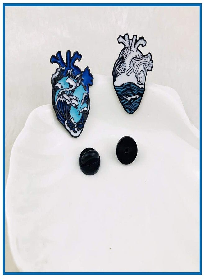 KOOBOOK 2Pcs Blue Romantic Ocean Wave Whale Brooch Human Heart Enamel Pin Lapel pins Heart Anatomy Badges - Image 2