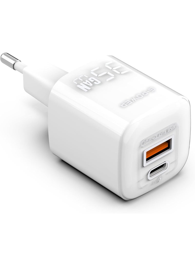 جي باور شاحن جي-باور GP-C20 بقوة 35 واط بمنفذي USB (USB-A و USB-C) يدعم تقنية الشحن السريع كوالكوم 3.0، متوافق مع أجهزة آيفون 14/14 بلس/14 برو/14 برو ماكس/13، وجالاكسي، وبيكسل 4/3، وآيباد - أبيض - Image 1