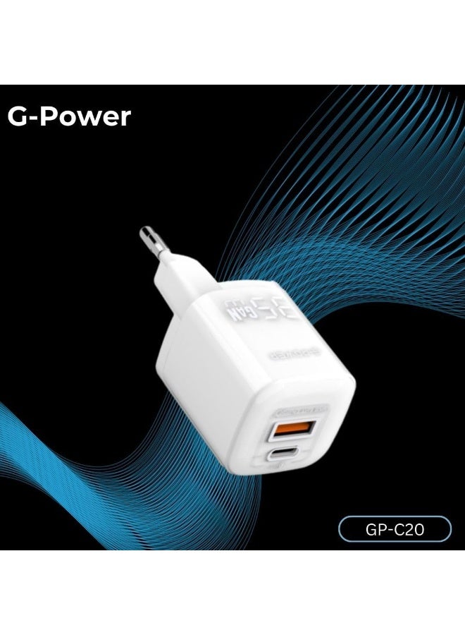 جي باور شاحن جي-باور GP-C20 بقوة 35 واط بمنفذي USB (USB-A و USB-C) يدعم تقنية الشحن السريع كوالكوم 3.0، متوافق مع أجهزة آيفون 14/14 بلس/14 برو/14 برو ماكس/13، وجالاكسي، وبيكسل 4/3، وآيباد - أبيض - Image 2